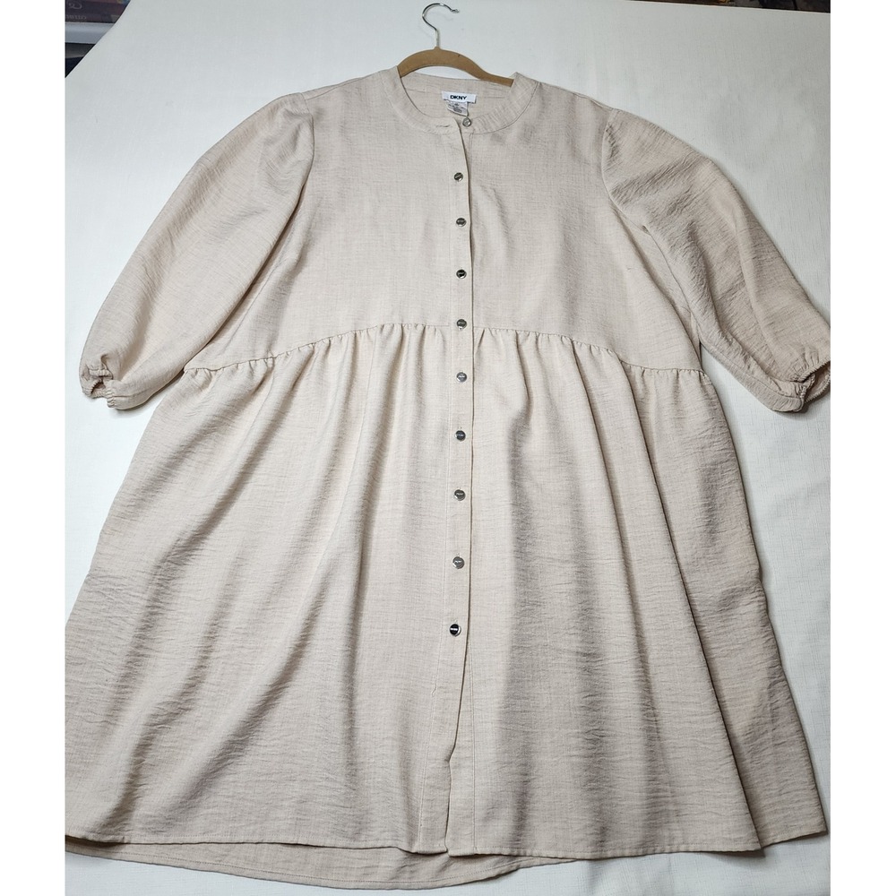 DKNY Womens Plus 18W Beige Button Front Babydoll Dress 3/4 Sleeve Textured Midi